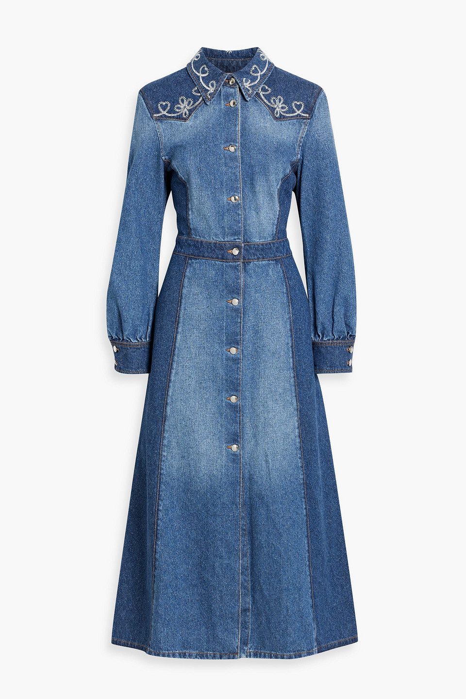 Chloé Embroidered Two-tone Denim Midi Shirt Dress In Mid Denim