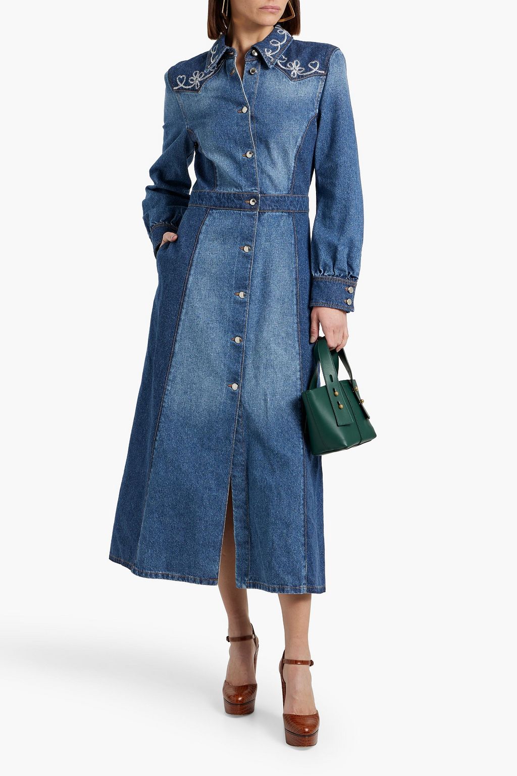 CHLOÉ Embroidered two-tone denim midi shirt dress