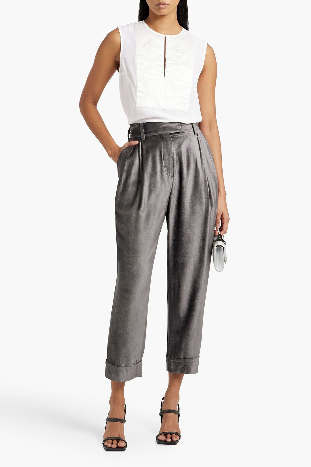 BRUNELLO CUCINELLI Quilted satin-paneled silk crepe de chine top
