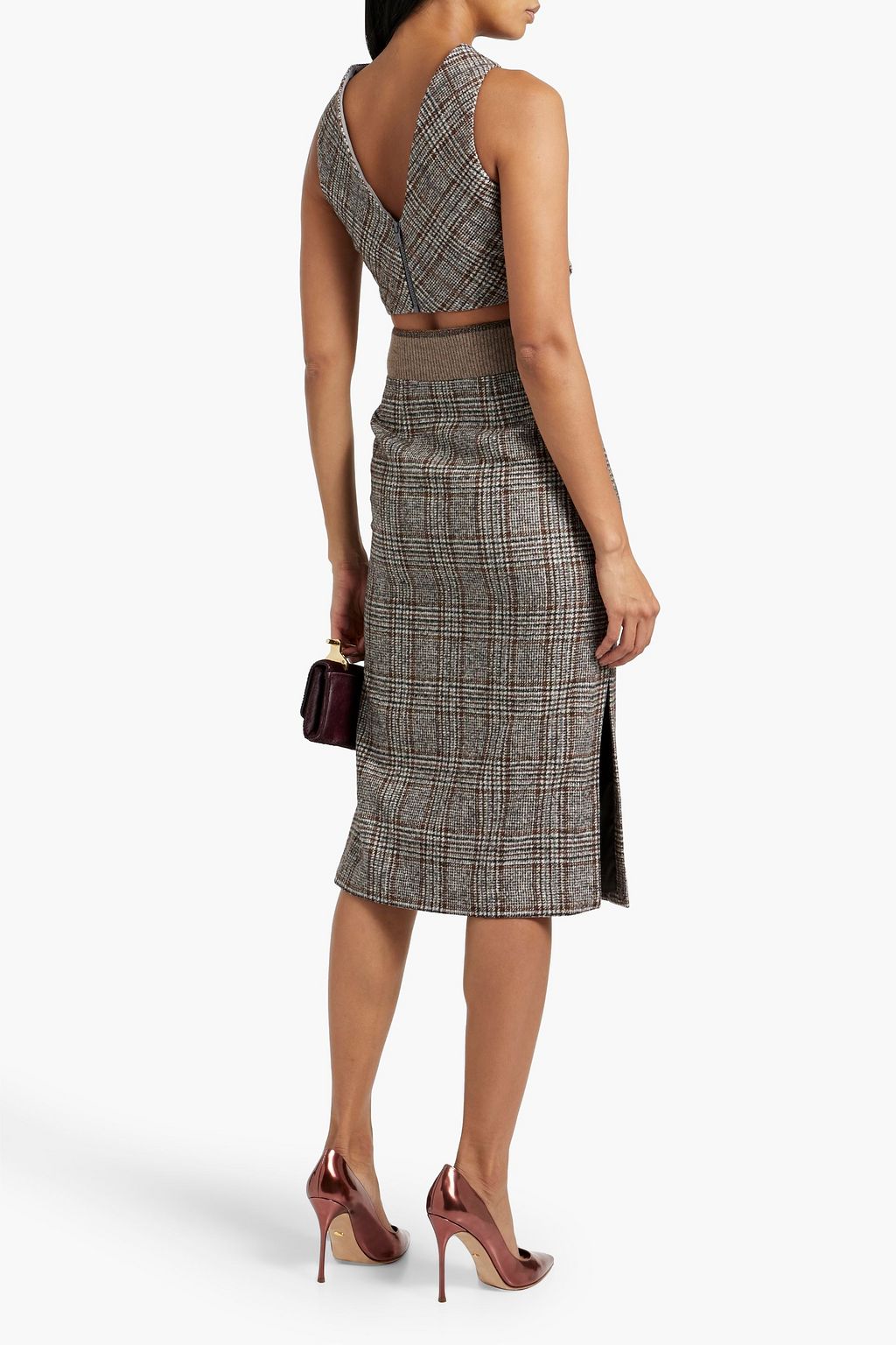 BRUNELLO CUCINELLI Cropped sequined Prince of Wales checked wool and alpaca-blend tweed top