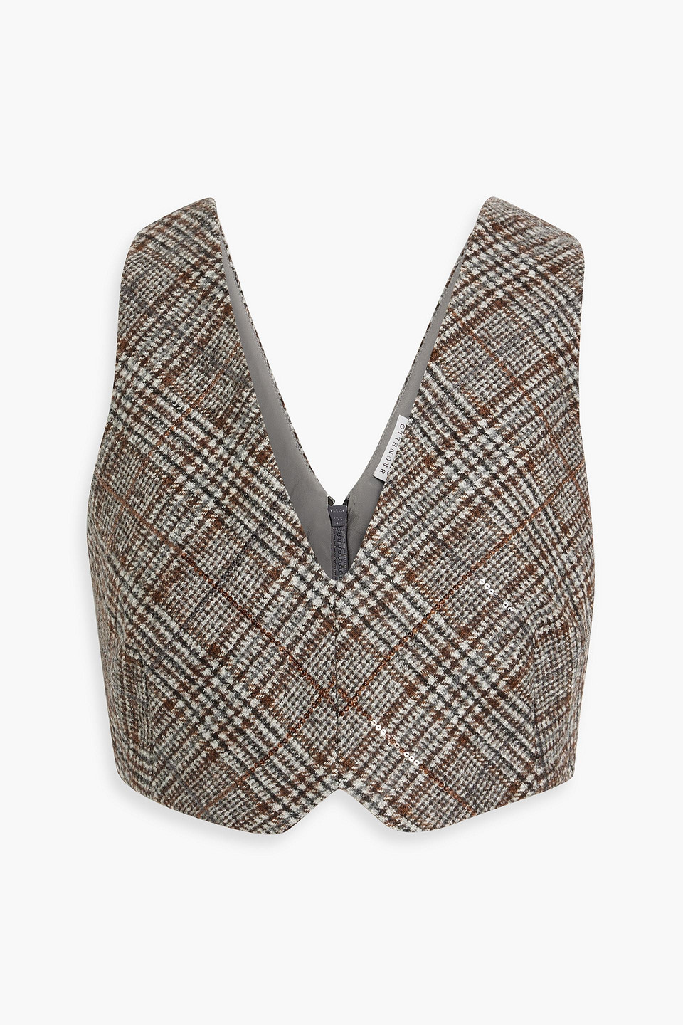 Brunello Cucinelli Cropped Sequined Prince Of Wales Checked Wool And Alpaca-blend Tweed Top In Brown