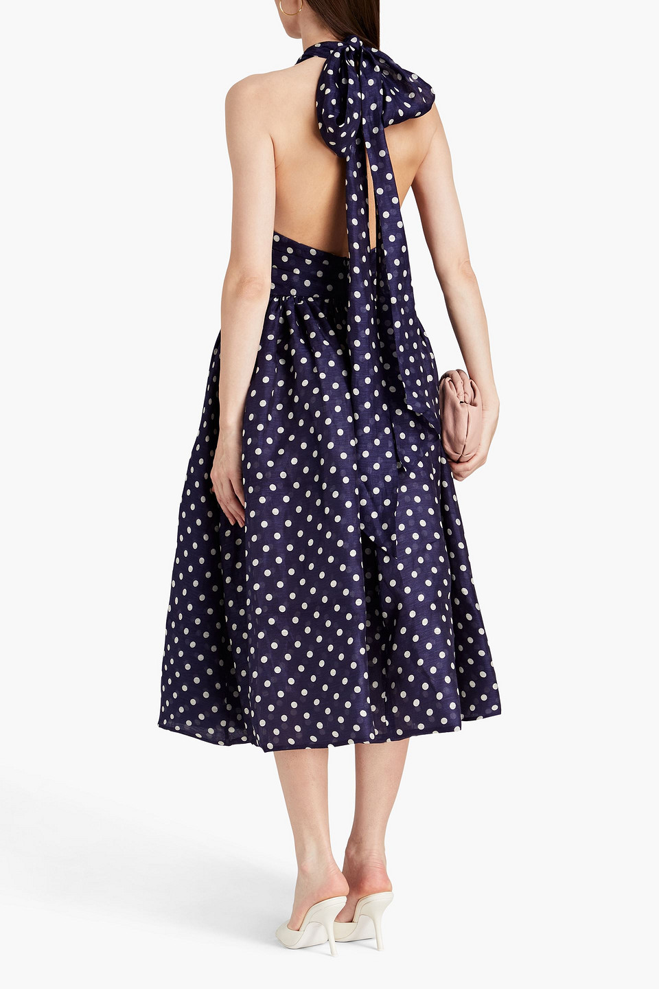 ZIMMERMANN POLKA-DOT LINEN AND SILK-BLEND HALTERNECK MIDI DRESS