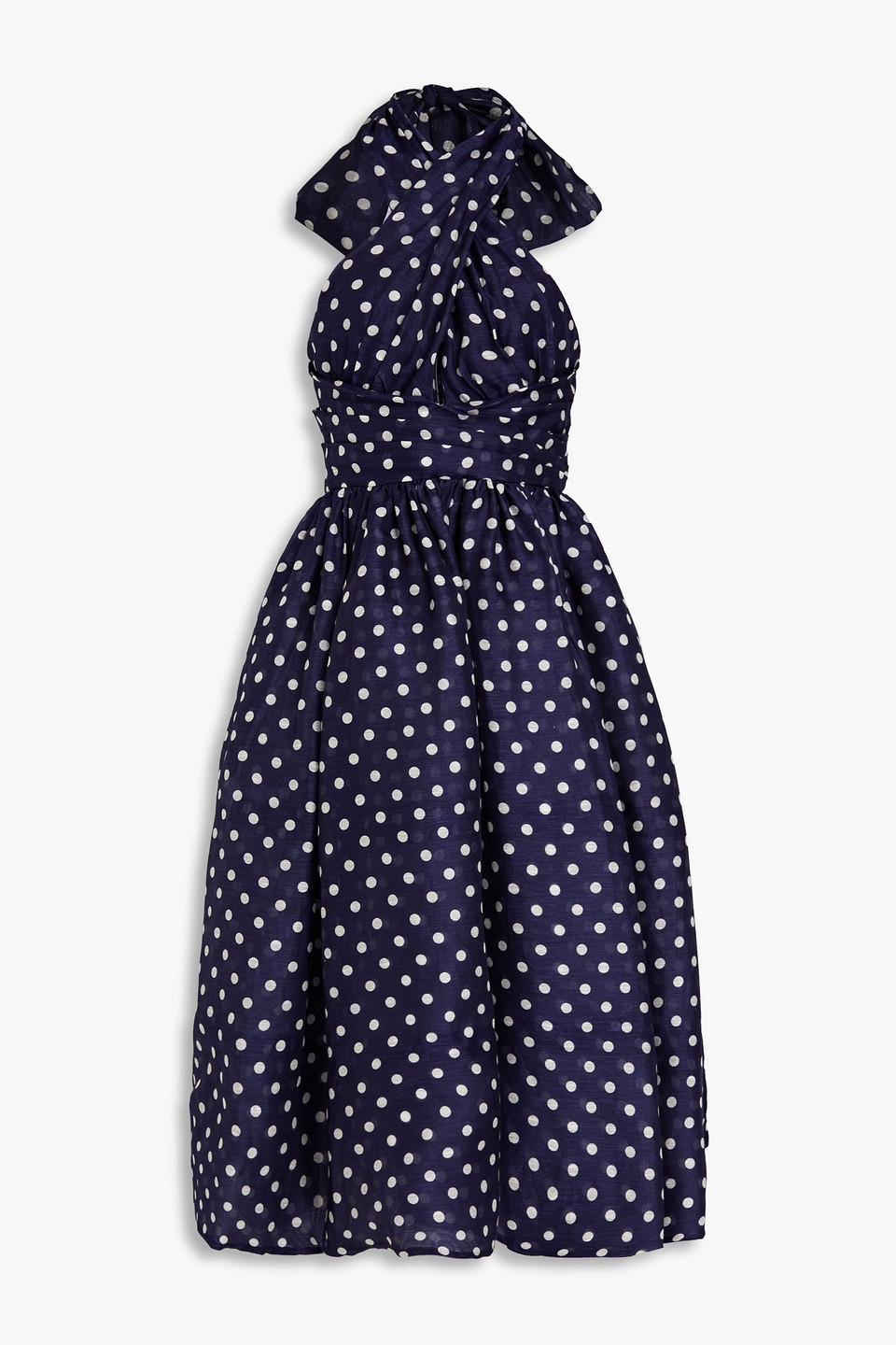 Zimmermann Gathered Pleated Polka-dot Linen And Silk-blend Maxi Dress In Navy