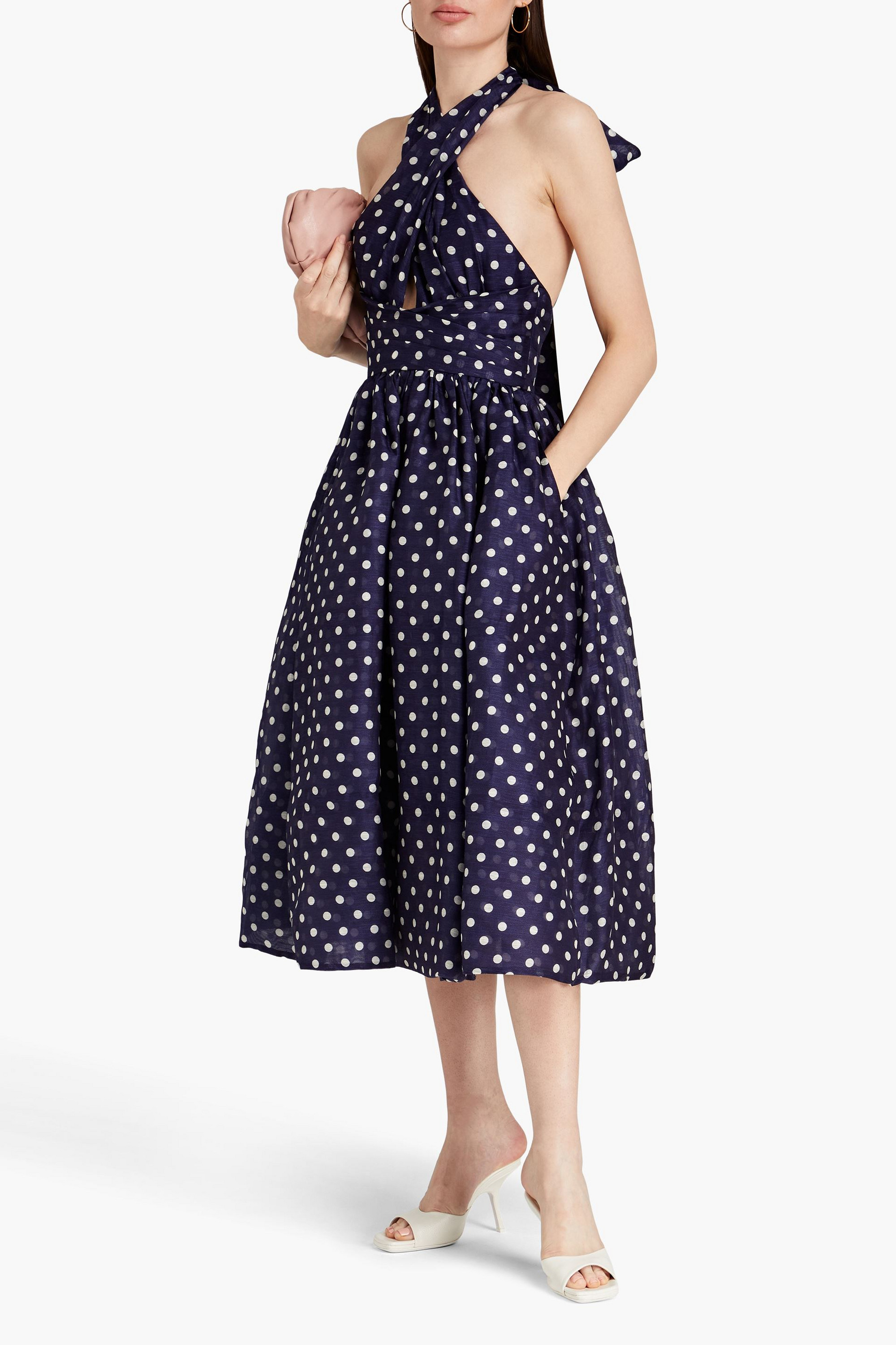 Zimmermann Polka-dot linen and silk-blend halterneck midi dress