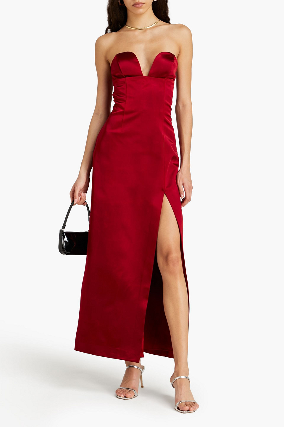 Shop Sara Battaglia Strapless Satin Maxi Dress In Crimson