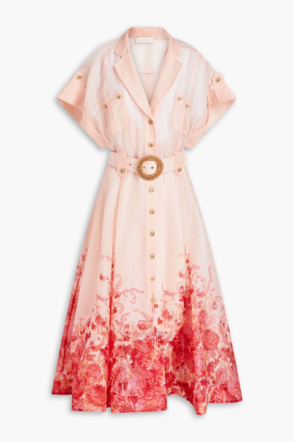 ZIMMERMANN Belted printed linen and silkblend midi shirt dress THE