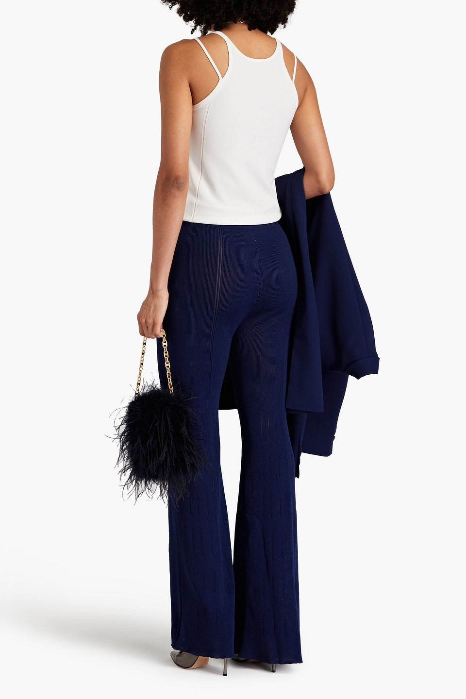 Shop Alberta Ferretti Metallic Ribbed-knit Flared Pants In Navy