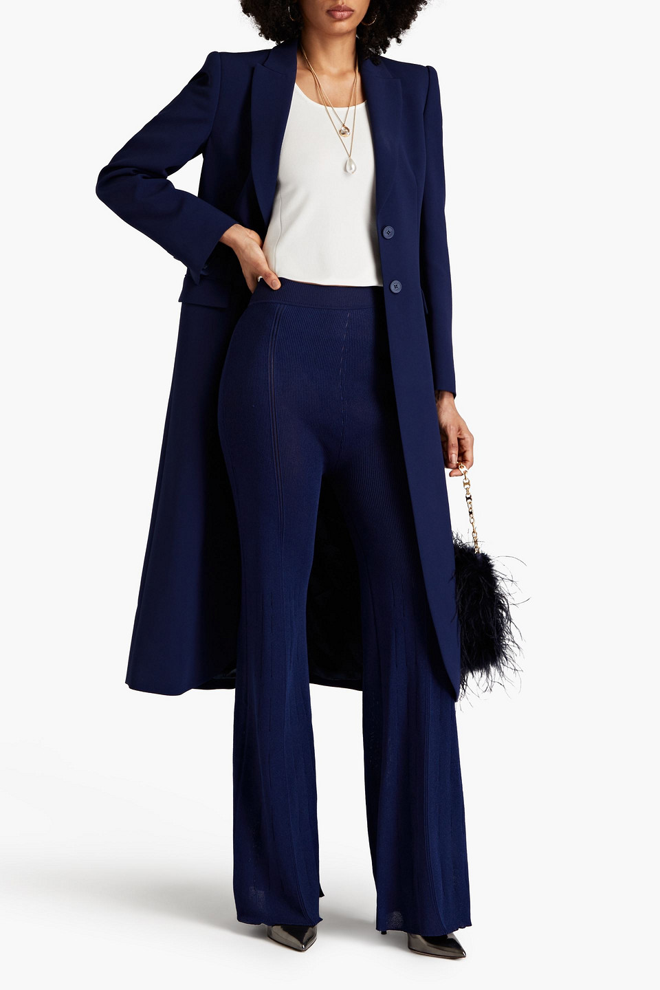 Shop Alberta Ferretti Metallic Ribbed-knit Flared Pants In Navy