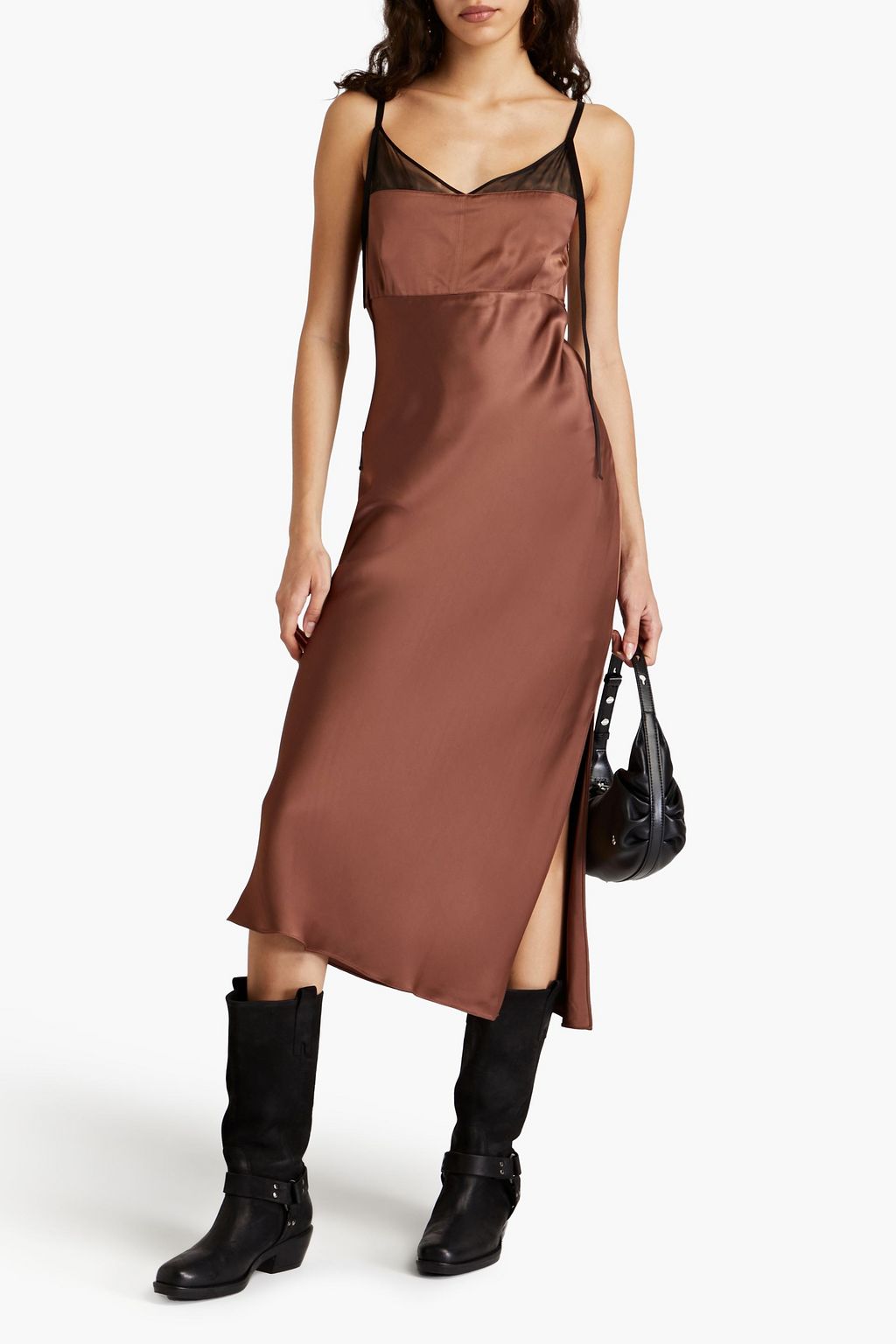 HELMUT LANG Midikleid aus Satin mit Tüllbesatz