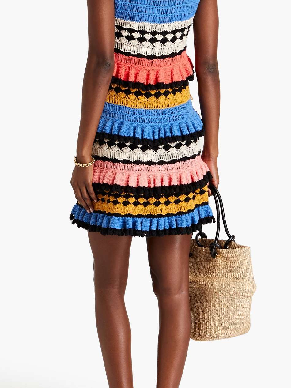 tiered pompom-embellished crocheted cotton mini dress
