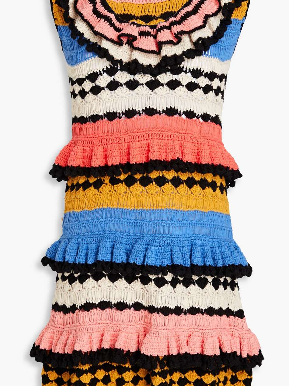 tiered pompom-embellished crocheted cotton mini dress