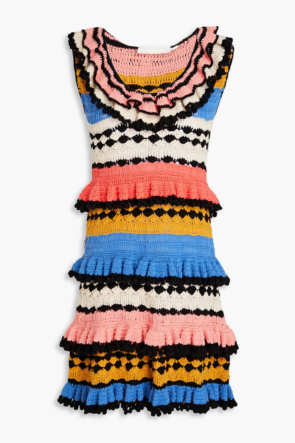 Zimmermann - Tiered pompom-embellished crocheted cotton mini dress - Pink - 2