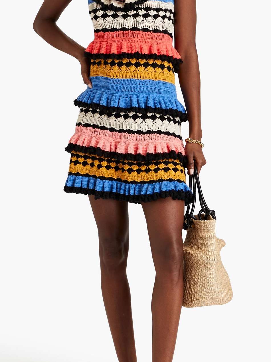 tiered pompom-embellished crocheted cotton mini dress