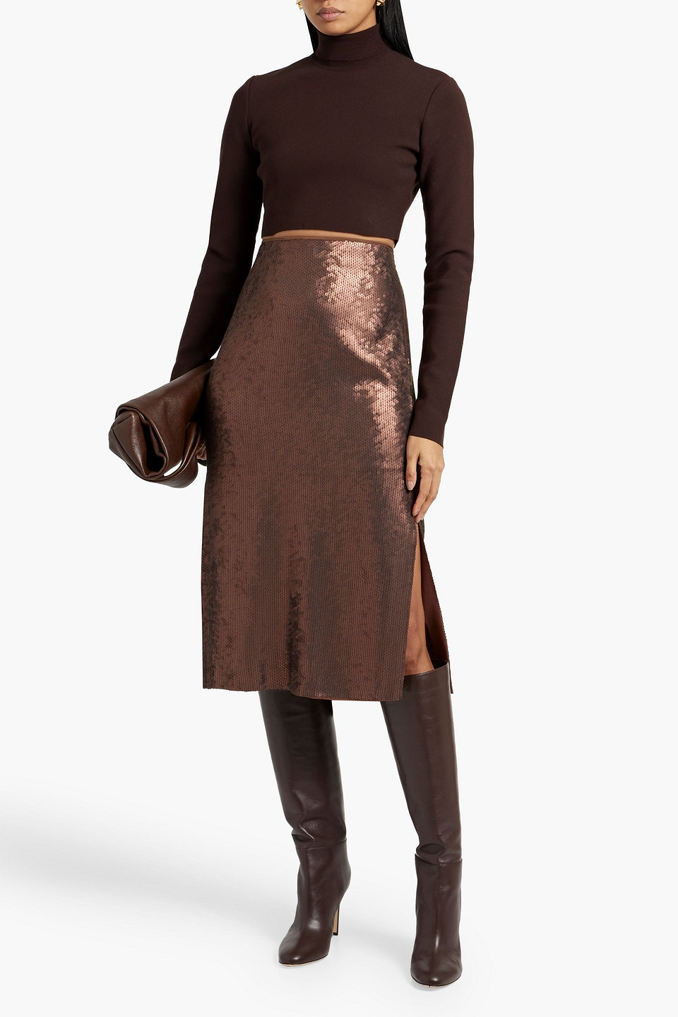 Shop Brunello Cucinelli Sequined Chiffon Midi Skirt In Brown