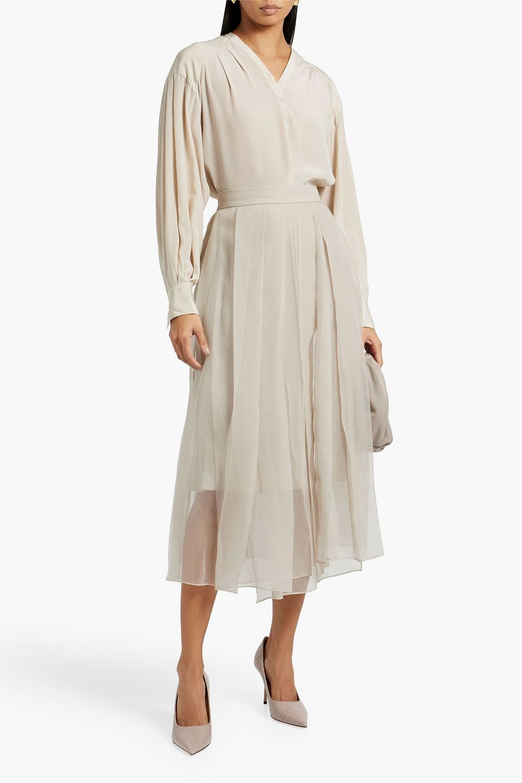 BRUNELLO CUCINELLI Bead-embellished pleated silk-chiffon blouse
