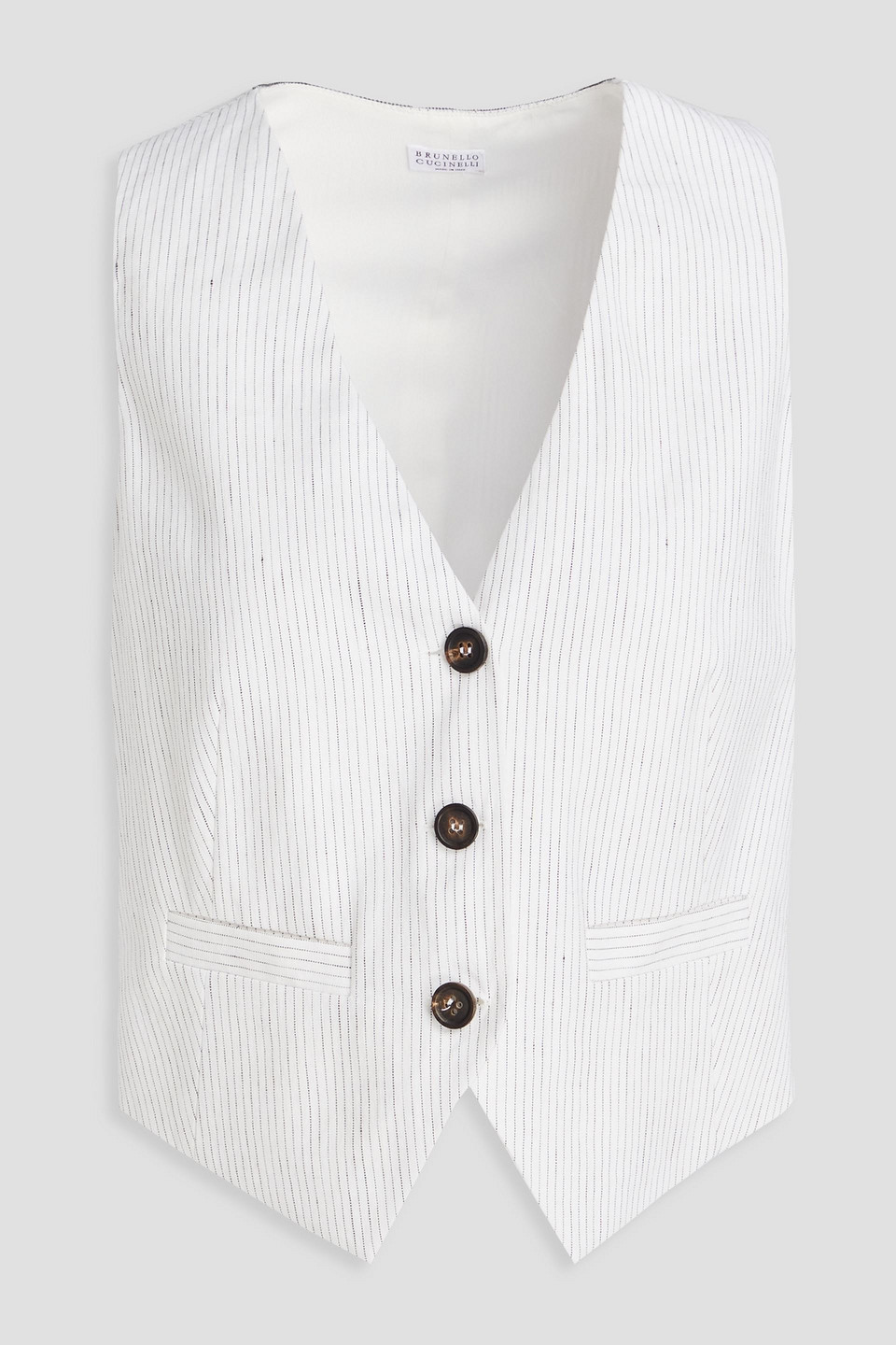 Cropped bead-embellished pinstriped linen-blend vest