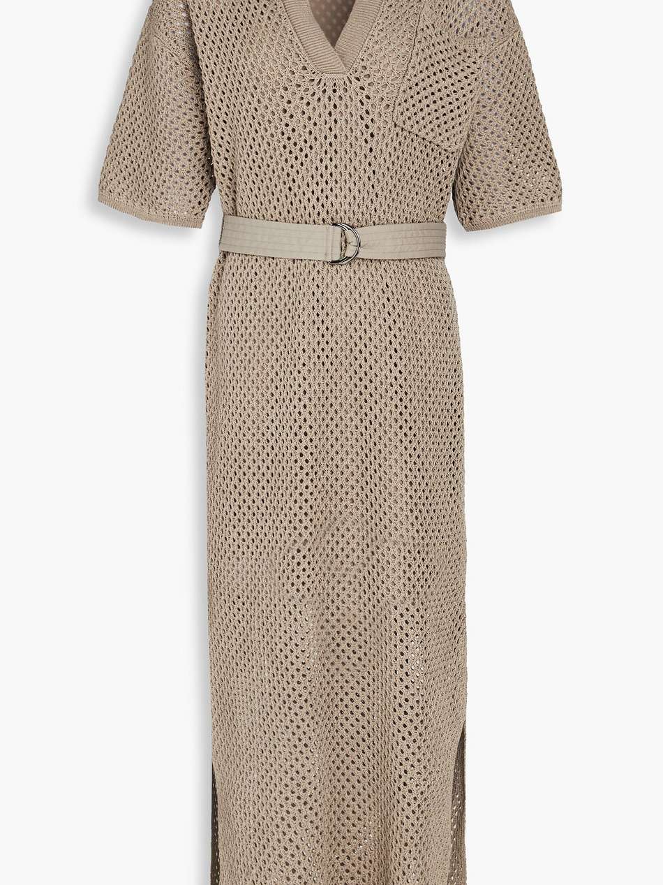 belted open-knit cotton midi dress