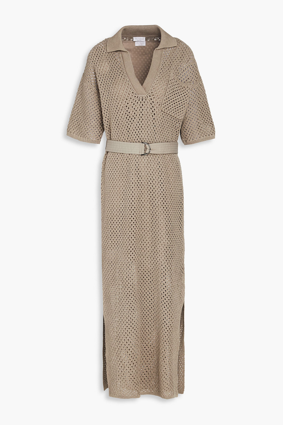 Brunello Cucinelli Belted Open-knit Cotton Midi Dress In Taupe