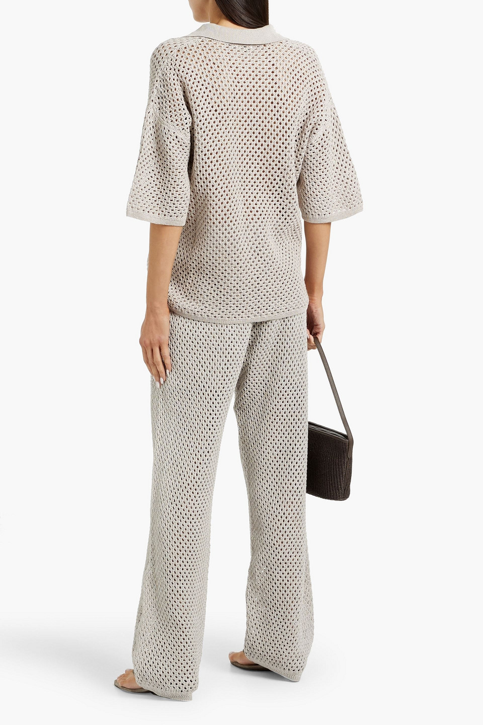 Brunello Cucinelli Open-knit Cotton Polo Sweater In Stone