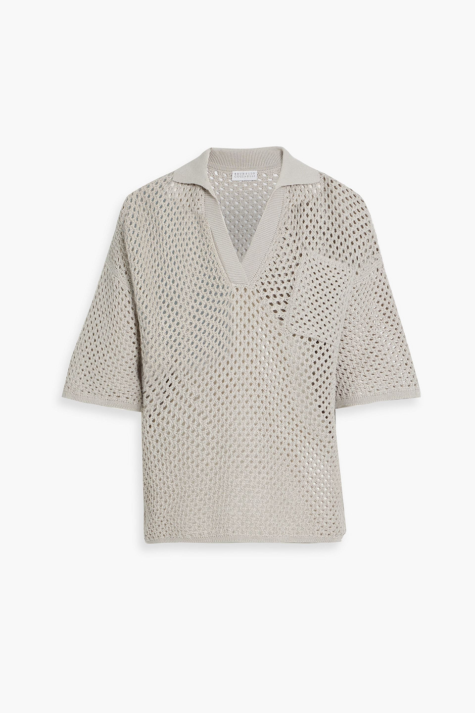 Brunello Cucinelli Open-knit Cotton Polo Sweater In Stone