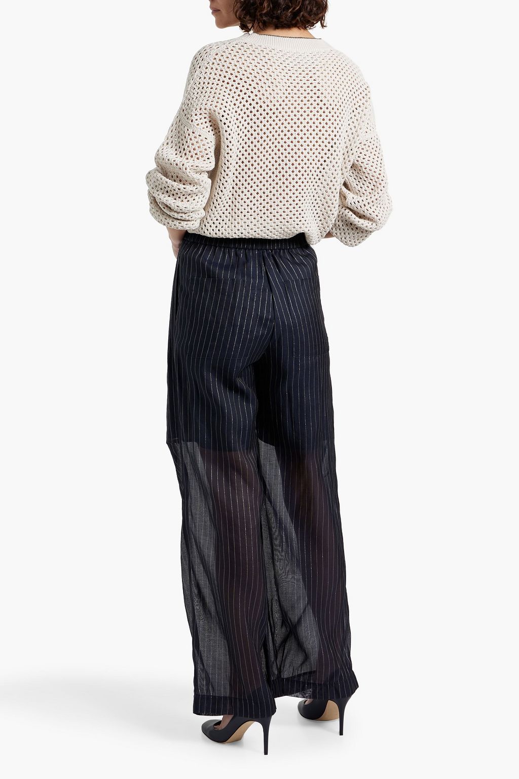 BRUNELLO CUCINELLI Metallic pinstriped cotton-blend gauze wide-leg pants