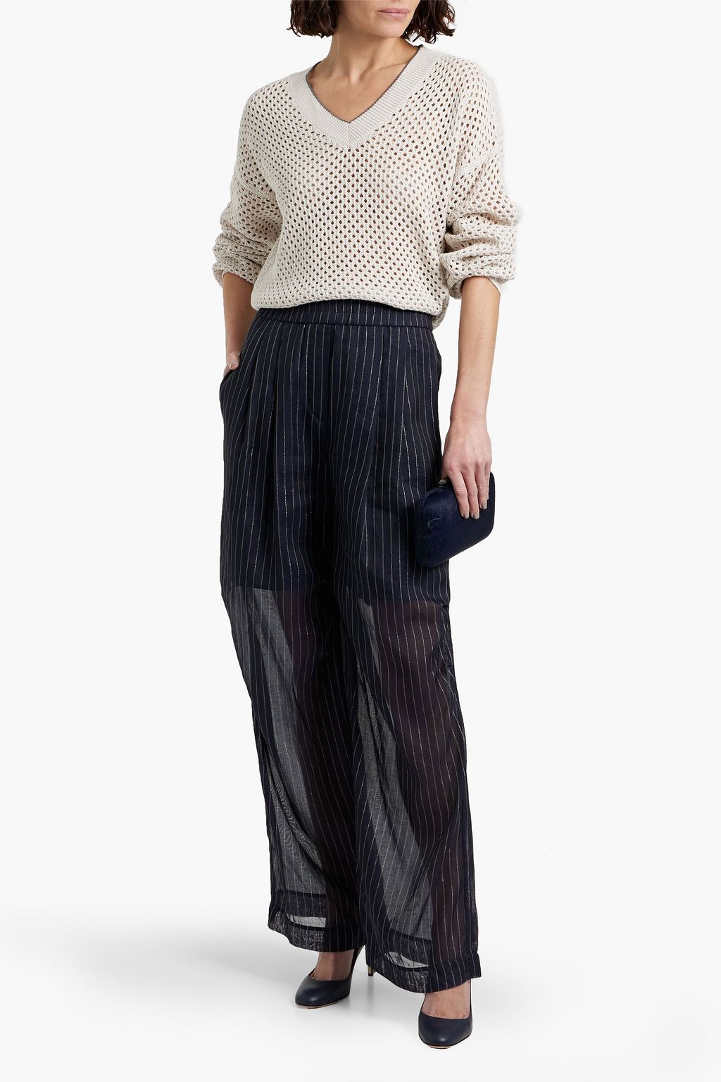 BRUNELLO CUCINELLI Metallic pinstriped cotton-blend gauze wide-leg pants