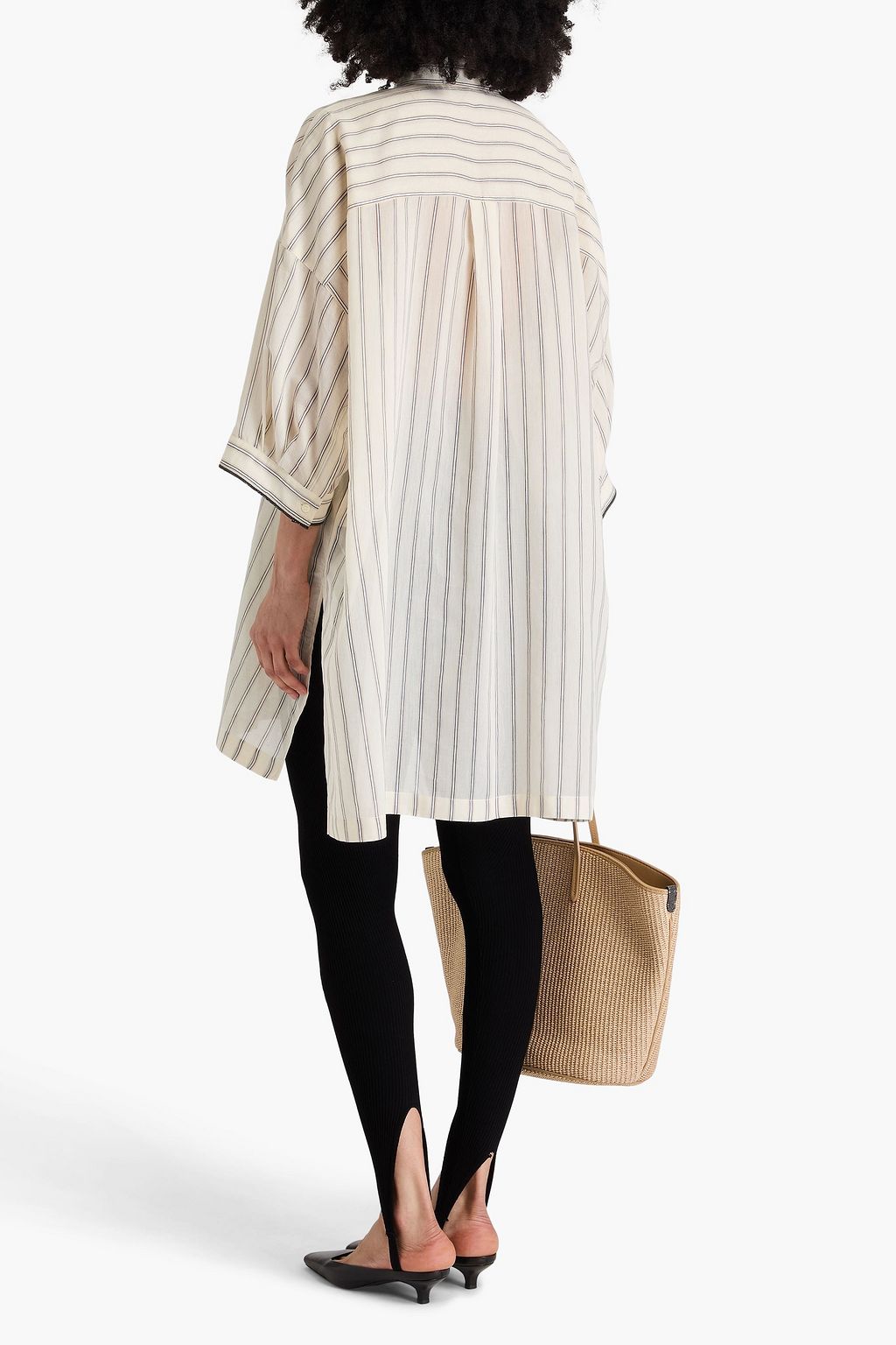 BRUNELLO CUCINELLI Gestreiftes Oversized-Hemd aus einer Baumwoll-Seidenmischung mit Zierperlen