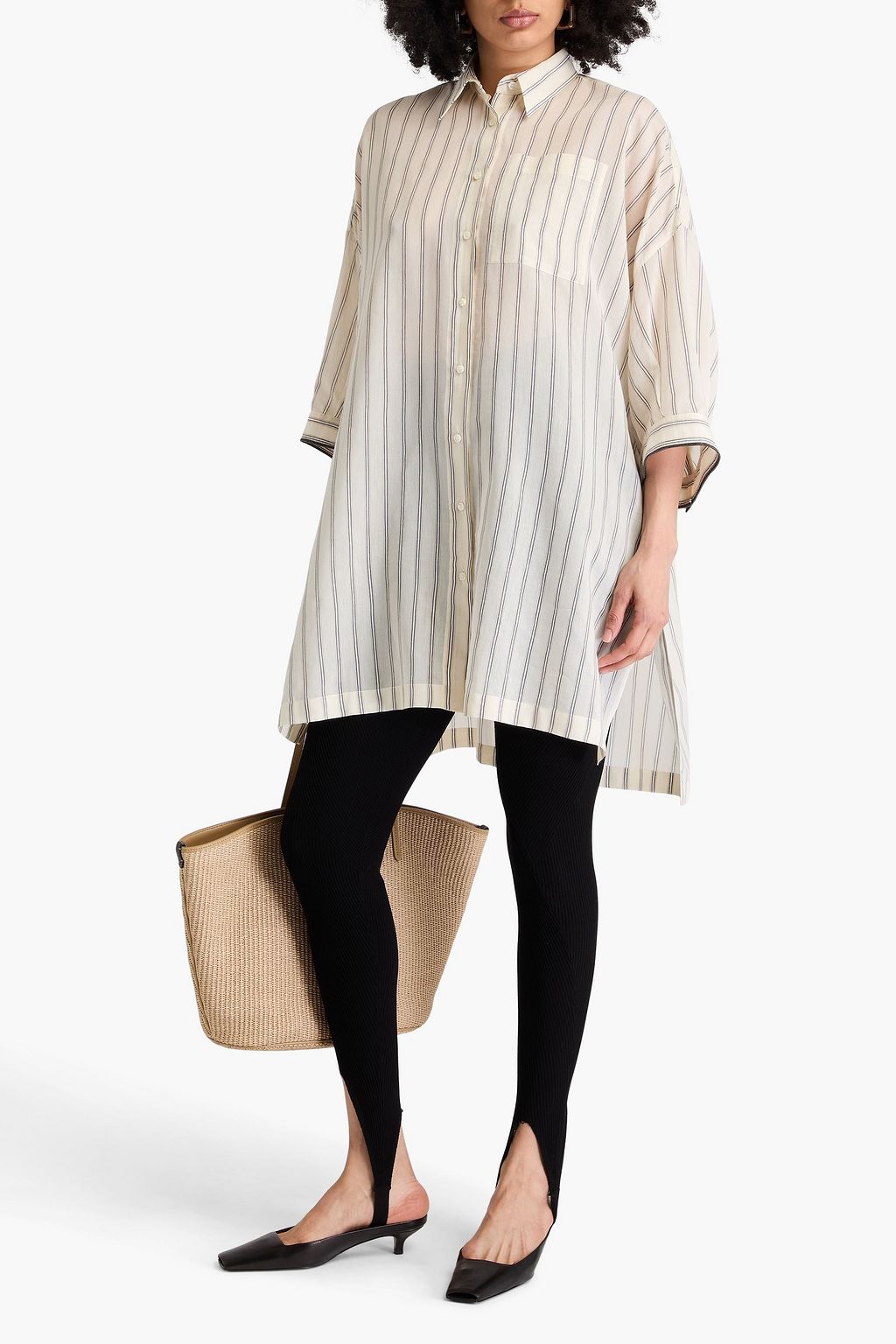 BRUNELLO CUCINELLI Gestreiftes Oversized-Hemd aus einer Baumwoll-Seidenmischung mit Zierperlen