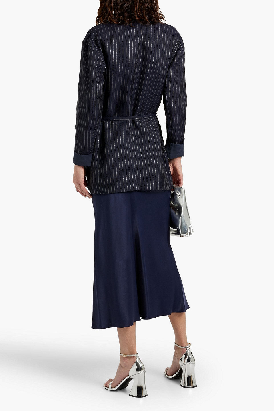 Brunello Cucinelli Metallic Pinstriped Linen-blend Blazer In Midnight Blue