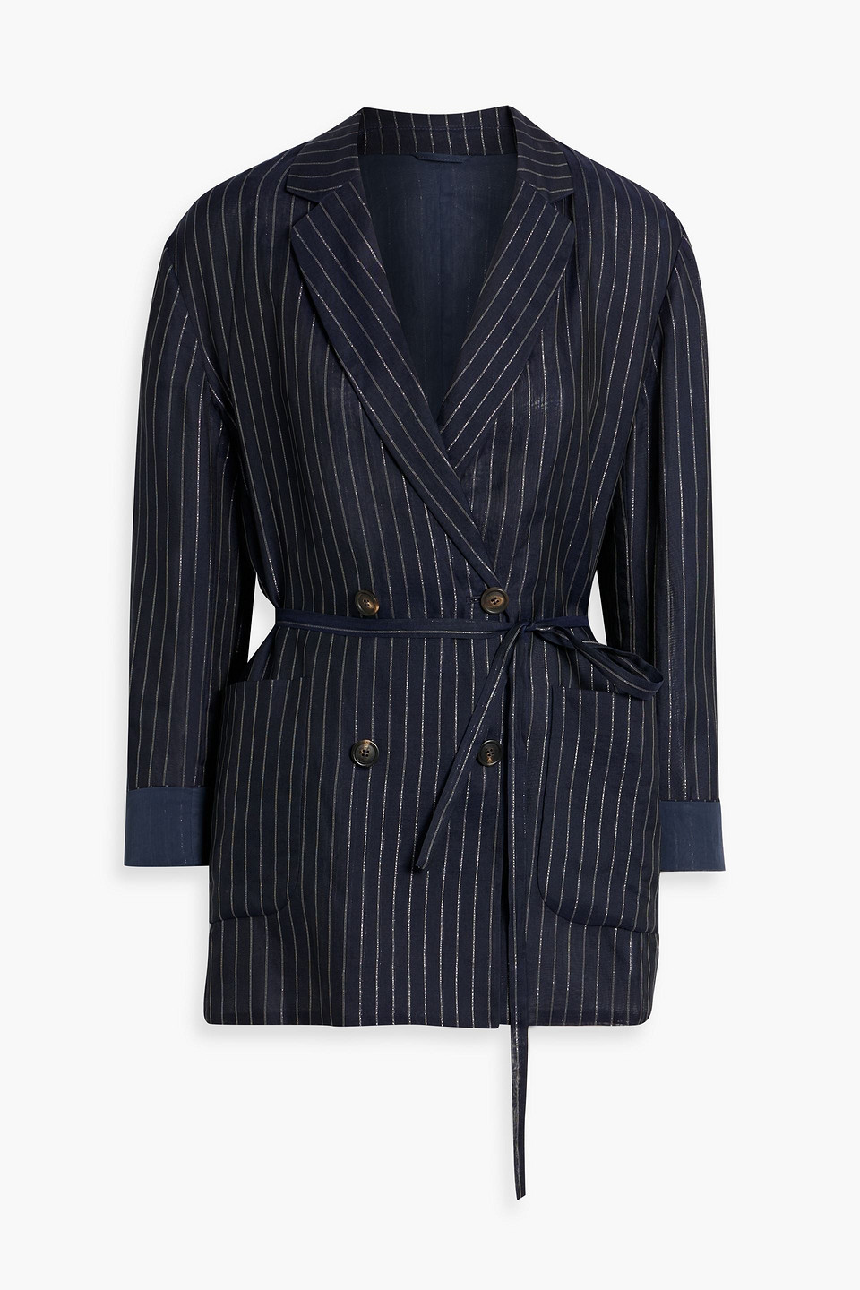 Brunello Cucinelli Metallic Pinstriped Linen-blend Blazer In Midnight Blue