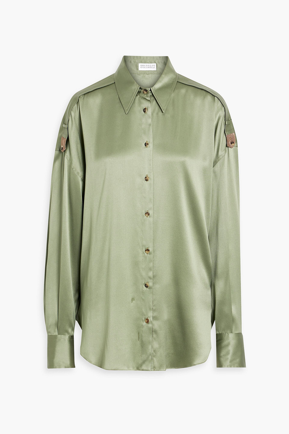 Brunello Cucinelli Oversized Bead-embellished Stretch-silk Satin Shirt In Sage Green