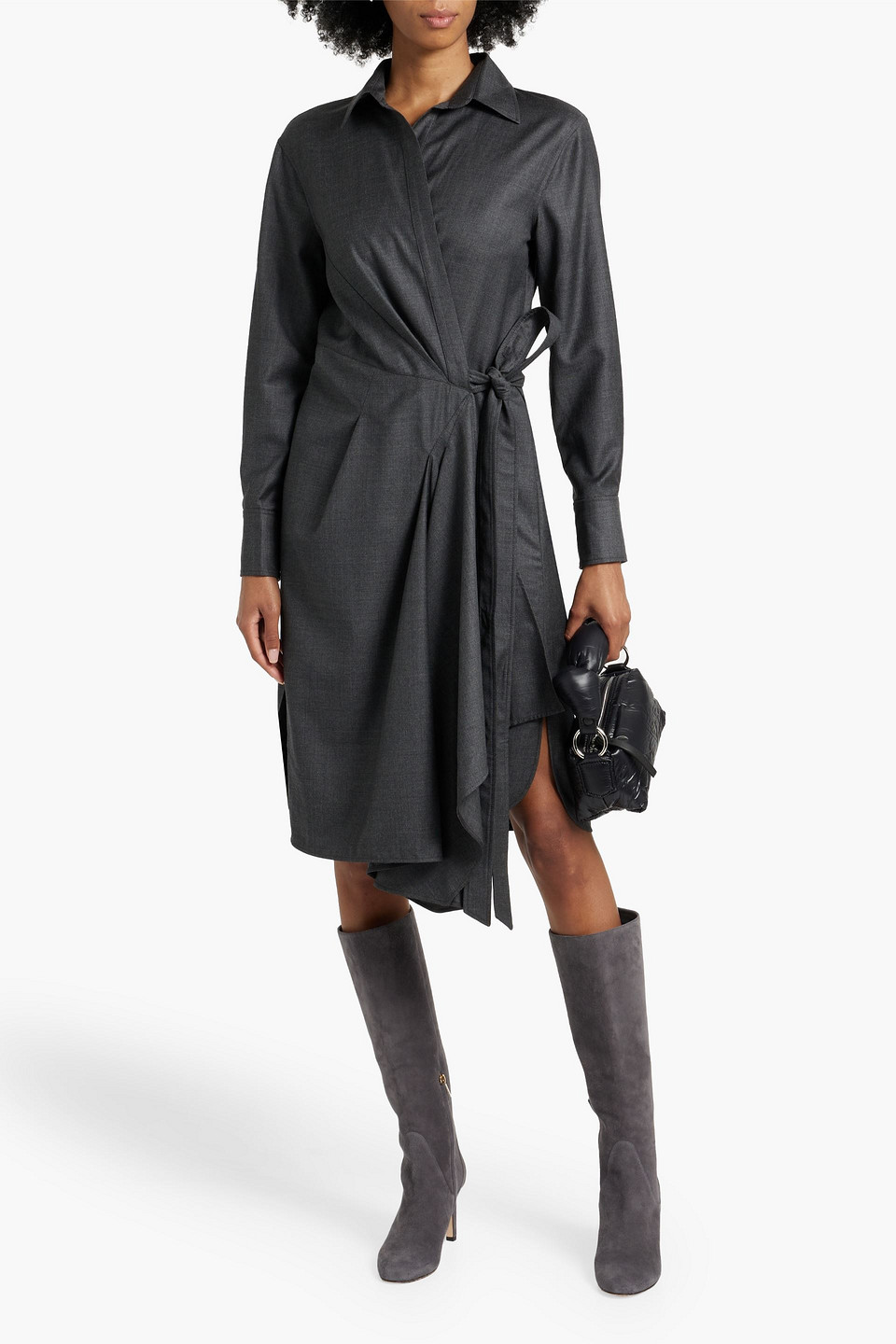 Shop Brunello Cucinelli Wool-crepe Wrap Dress In Dark Gray