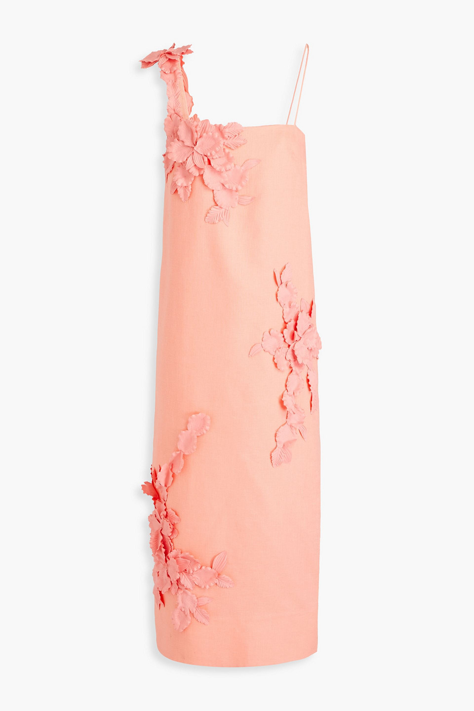 Zimmermann One-shoulder Floral-print Slub Linen Midi Dress In Peach