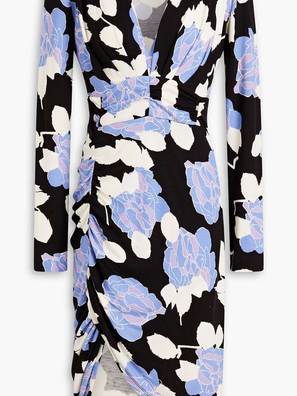 magena ruched floral-print lyocell and wool-blend jersey dress