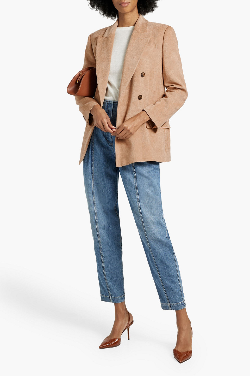 Shop Brunello Cucinelli Double-breasted Bead-embellished Velvet Blazer In Sand