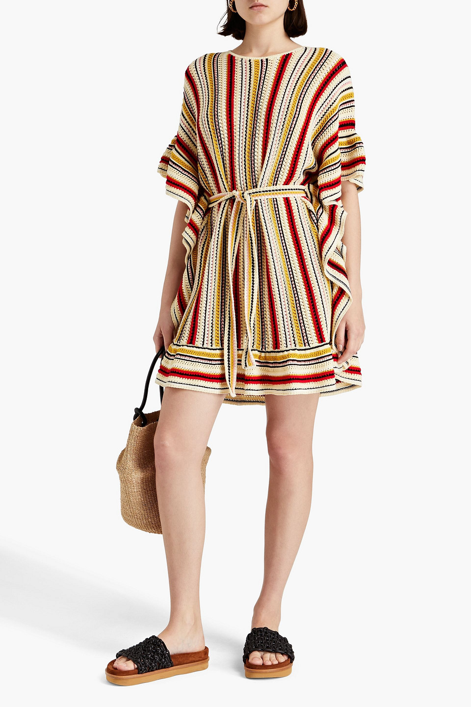 Shop Zimmermann Striped Crocheted Cotton Mini Dress In Pastel Yellow