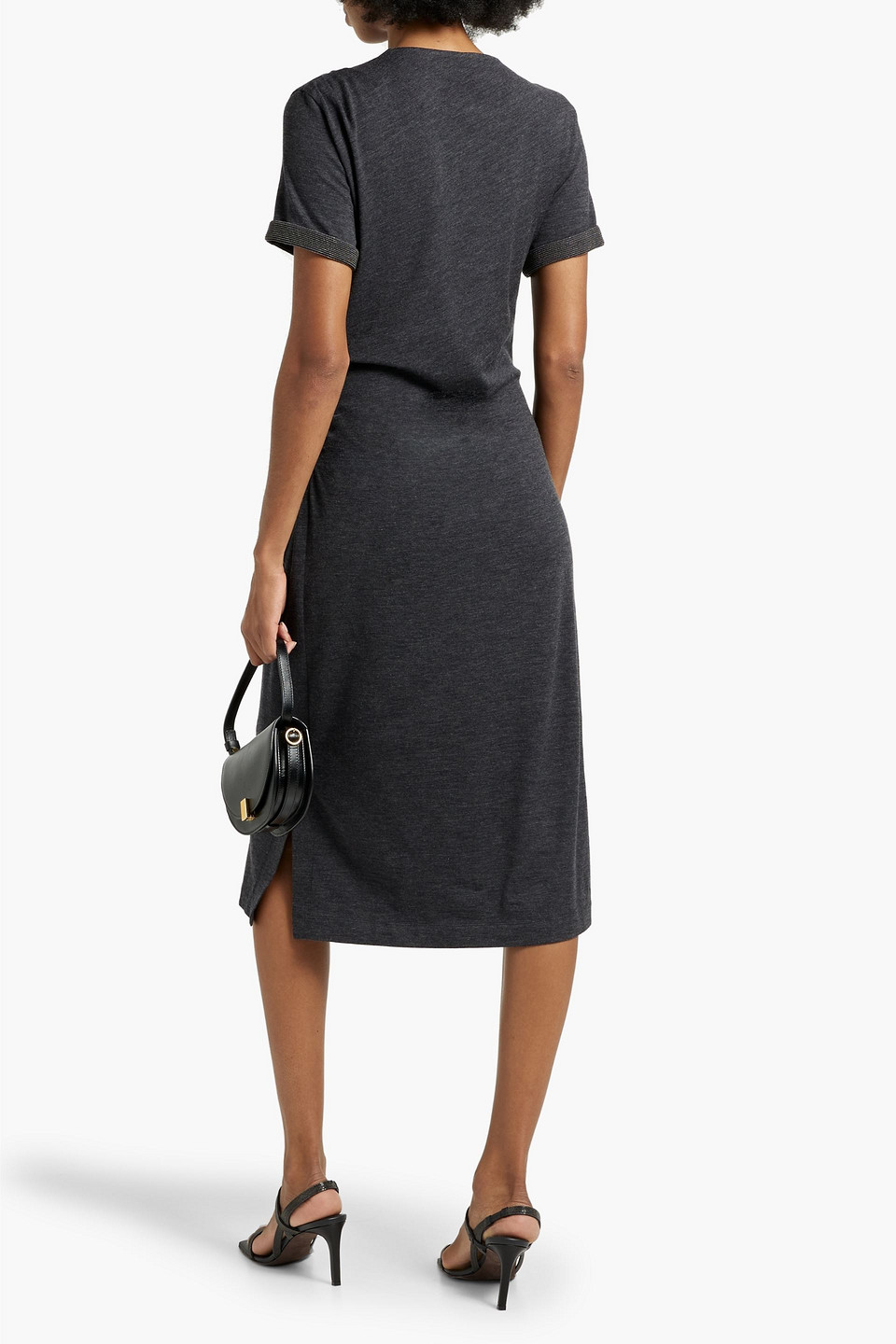 Shop Brunello Cucinelli Wrap-effect Bead-embellished Stretch-wool Jersey Midi Dress In Dark Gray