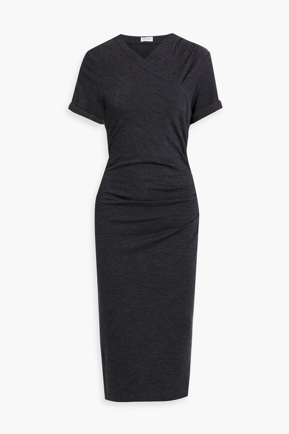 Brunello Cucinelli Wrap-effect Bead-embellished Stretch-wool Jersey Midi Dress In Dark Gray