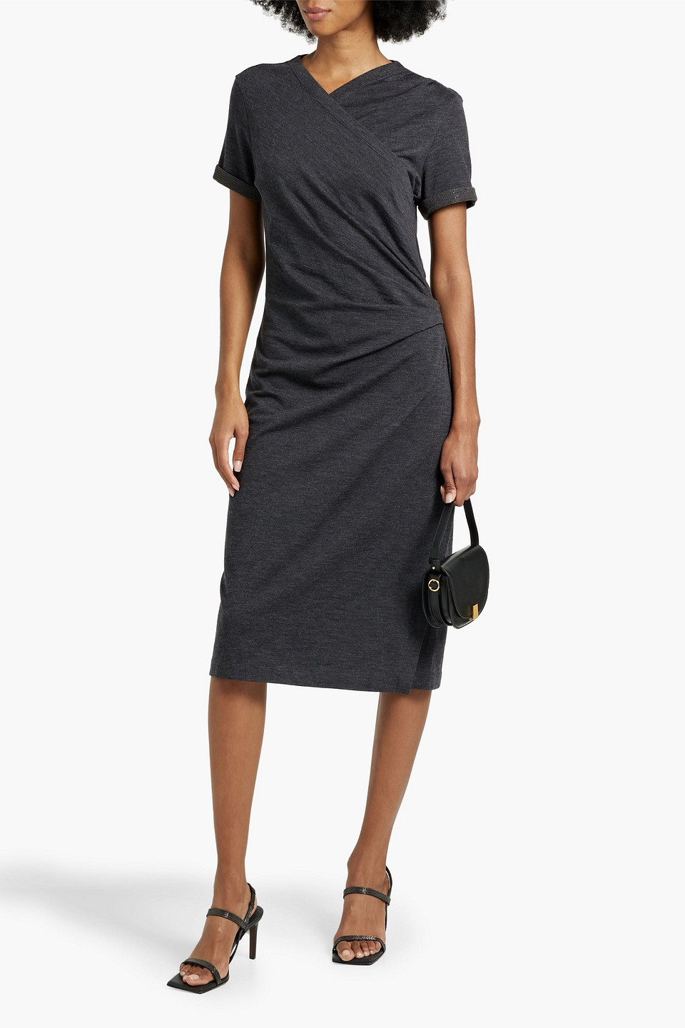 Shop Brunello Cucinelli Wrap-effect Bead-embellished Stretch-wool Jersey Midi Dress In Dark Gray