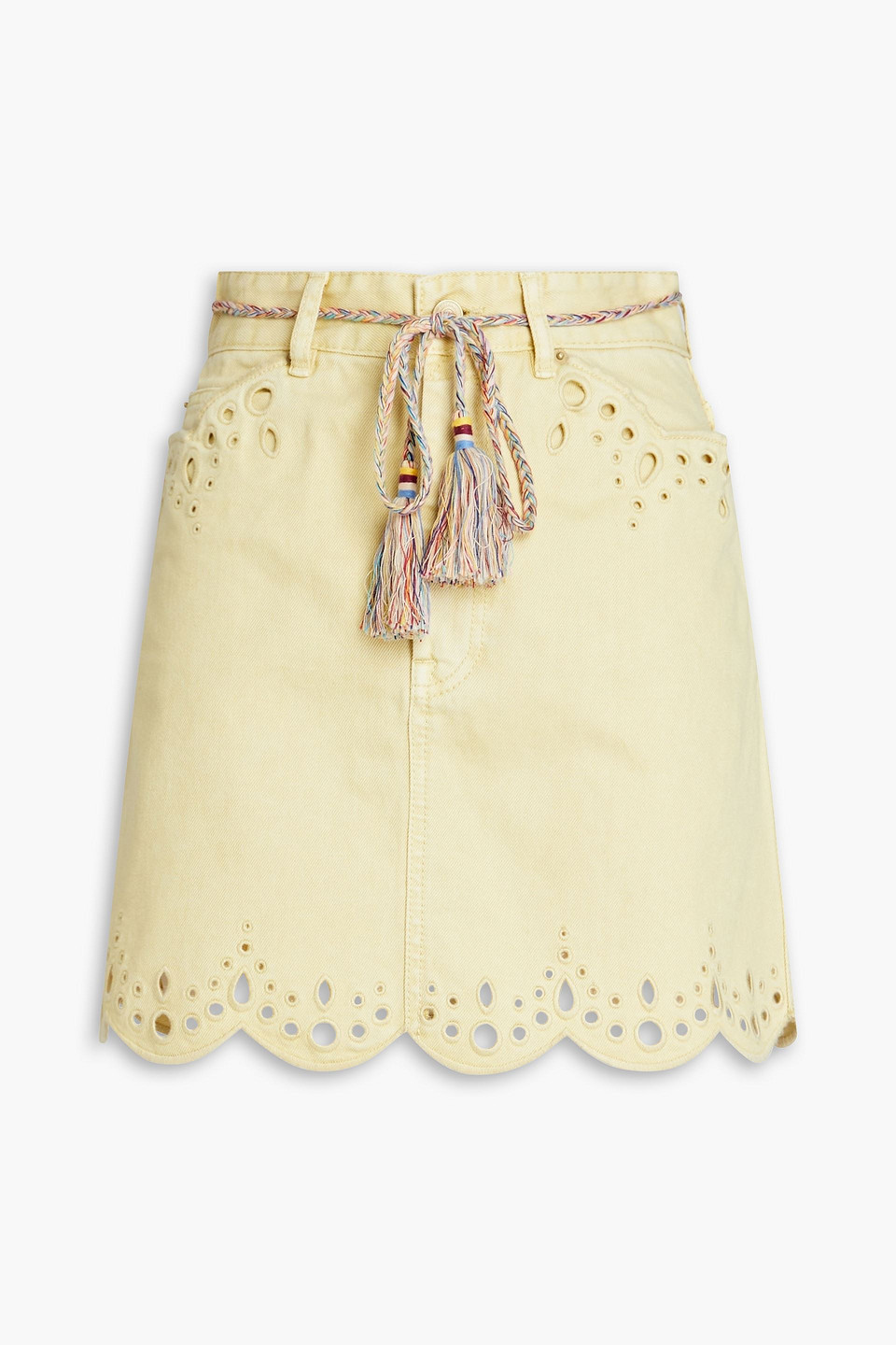 Zimmermann Belted Broderie Anglaise Trimmed Denim Mini Skirt In Pastel Yellow