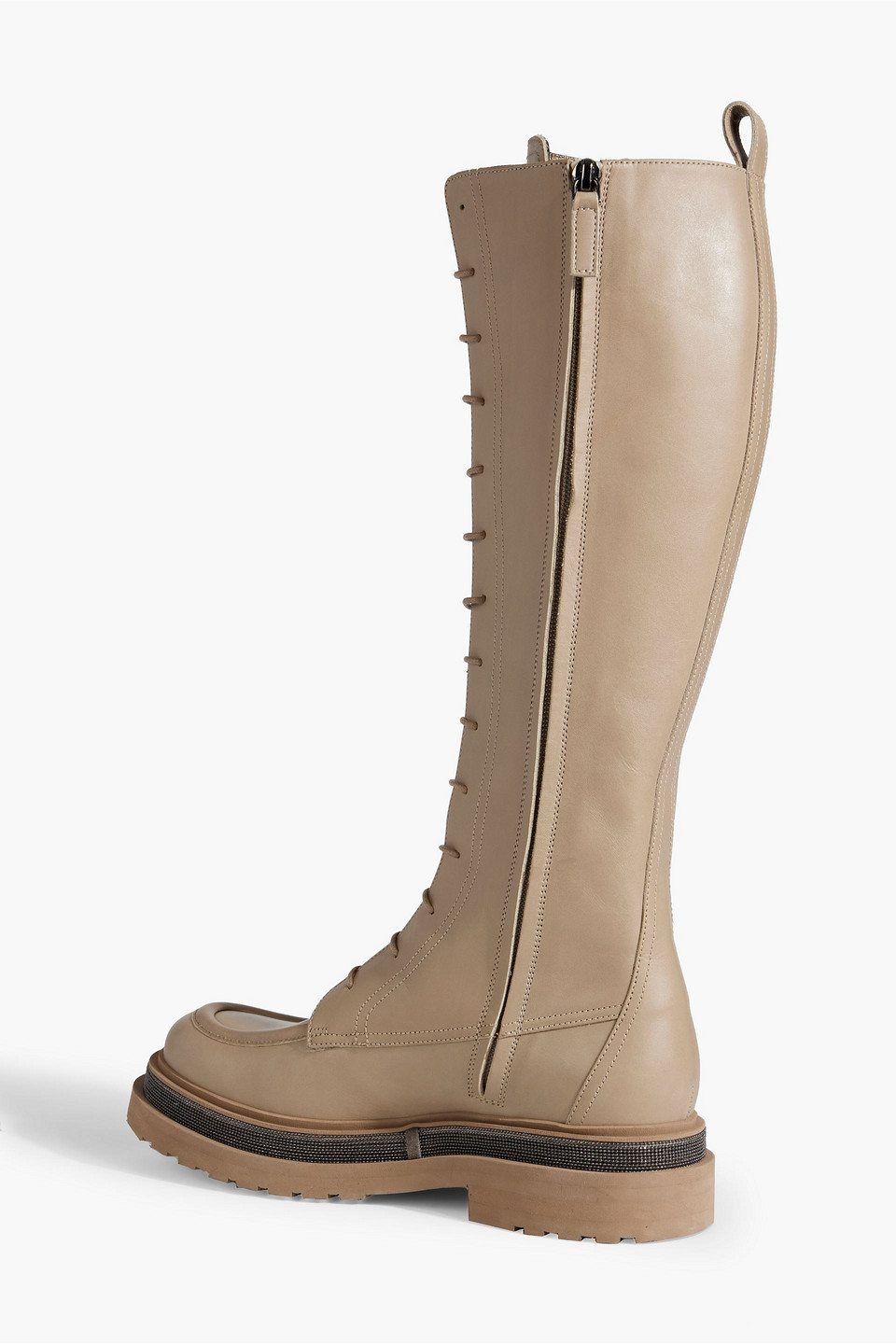 Shop Brunello Cucinelli Bead-embellished Lace-up Leather Knee Boots In Neutral