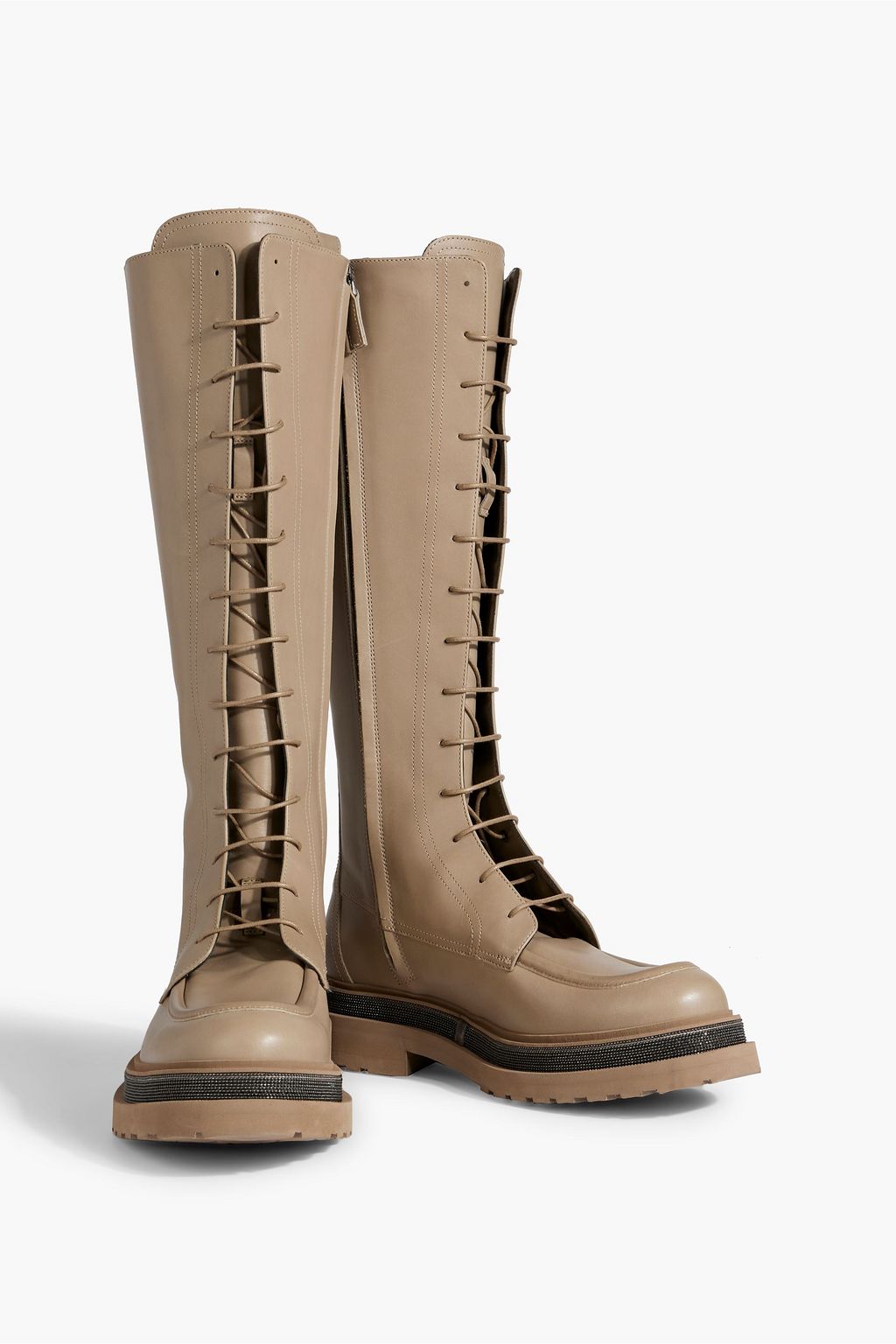 BRUNELLO CUCINELLI Bead-embellished lace-up leather knee boots