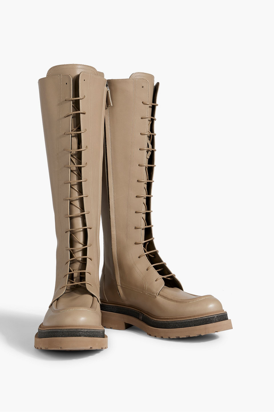 Brunello Cucinelli Bead-embellished Lace-up Leather Knee Boots In Neutral