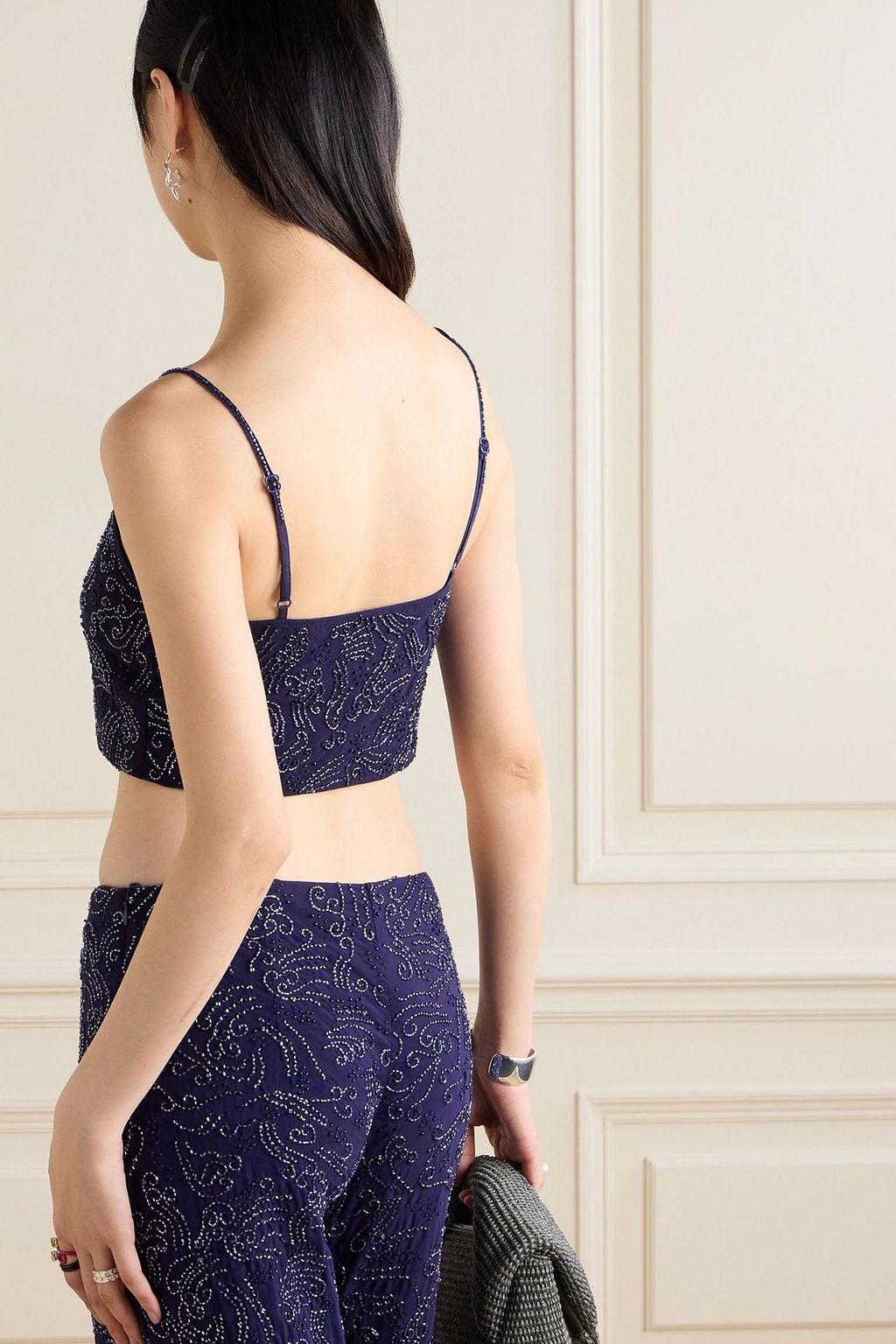 STAUD Fermo cropped bead-embellished tulle top