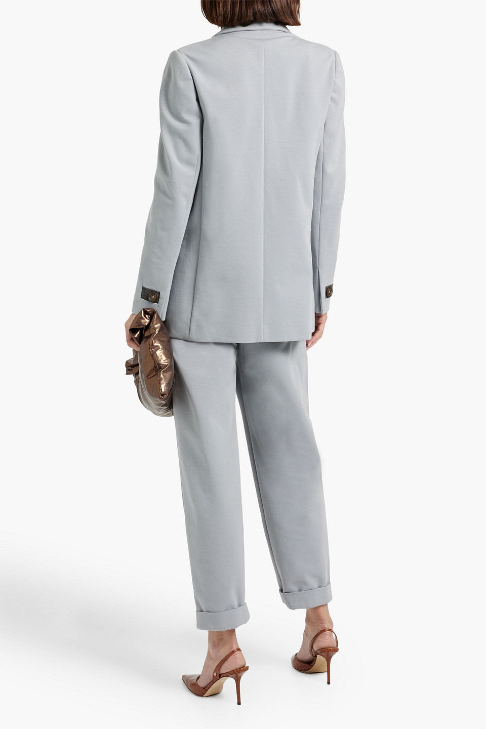 Shop Brunello Cucinelli Double-breasted Bead-embellished Cotton-blend Jersey Blazer In Gray