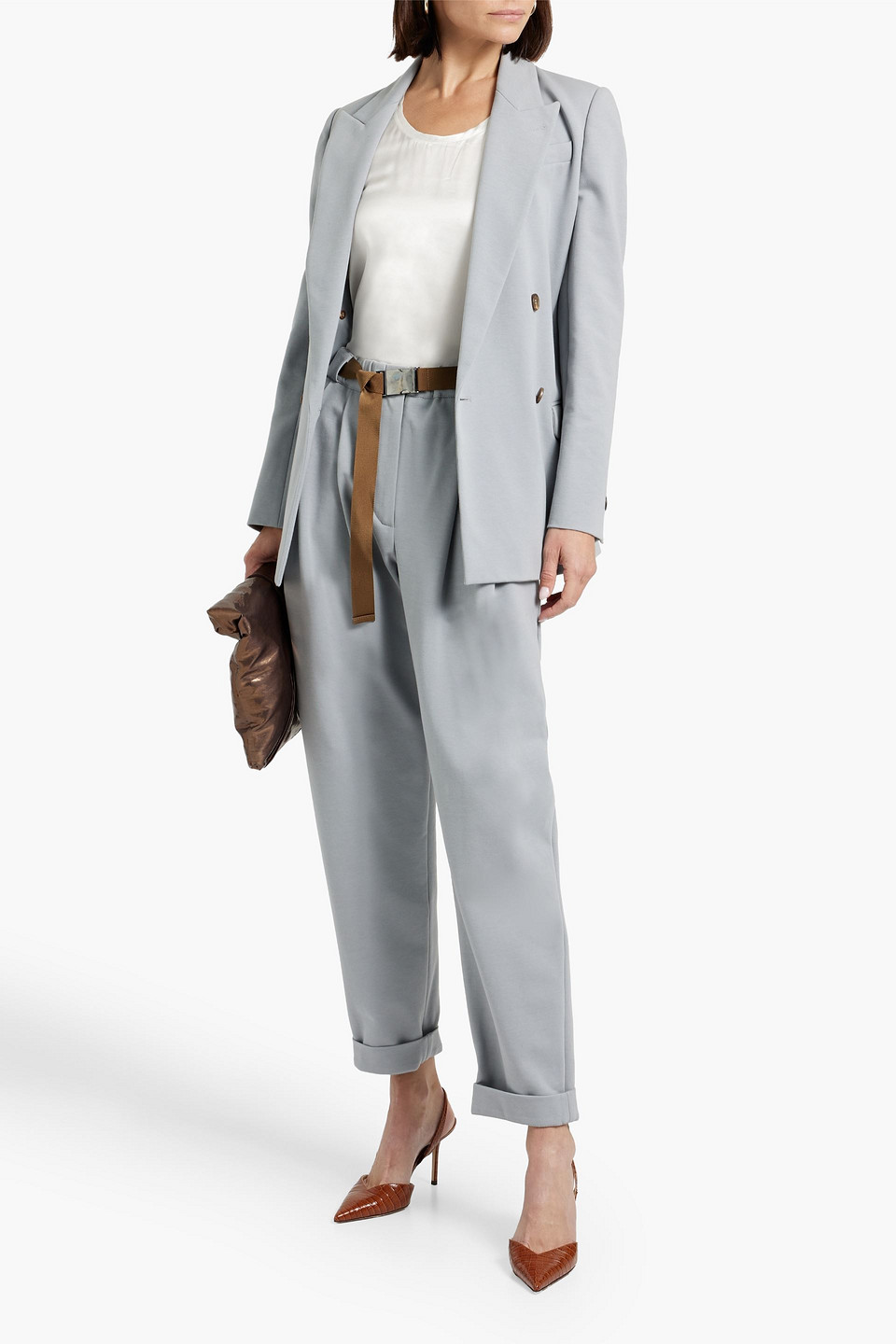 Shop Brunello Cucinelli Double-breasted Bead-embellished Cotton-blend Jersey Blazer In Gray