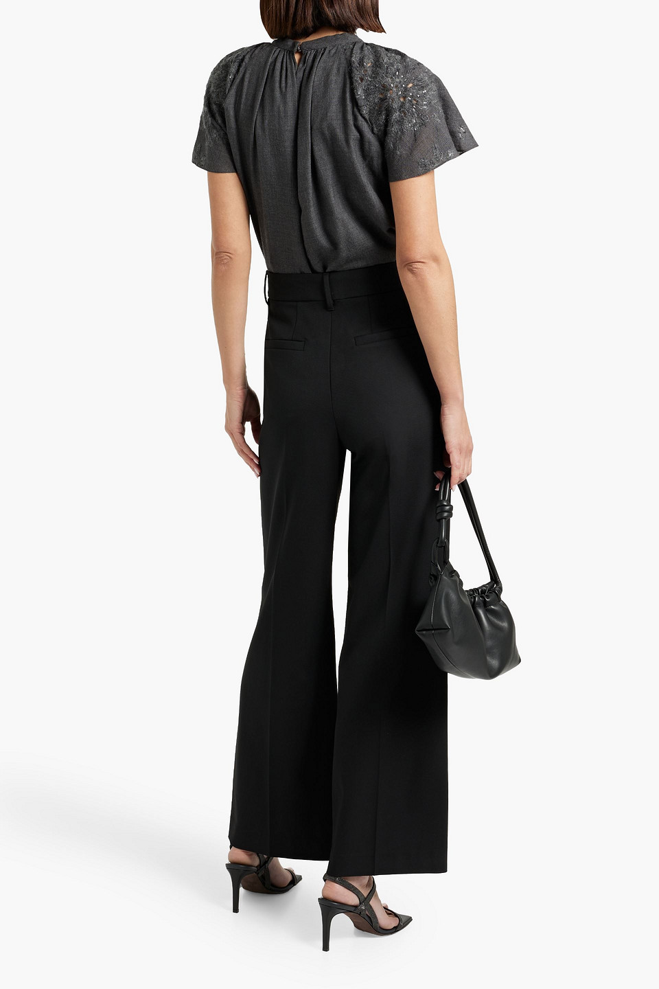 Brunello Cucinelli Sequin-embellished Broderie Anglaise-trimmed Wool Top In Dark Gray