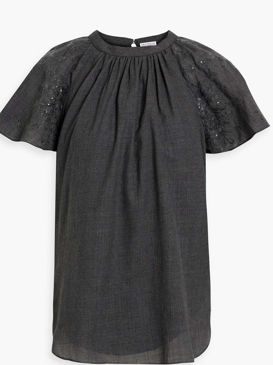 sequin-embellished broderie anglaise-trimmed wool top