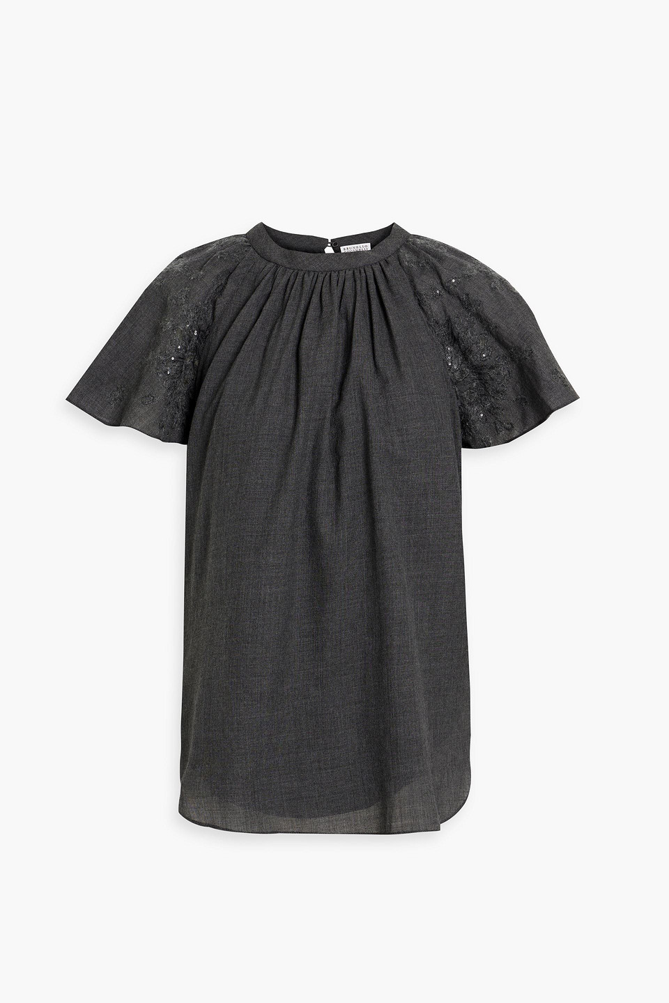 Brunello Cucinelli - Sequin-embellished broderie anglaise-trimmed wool top - Gray - M
