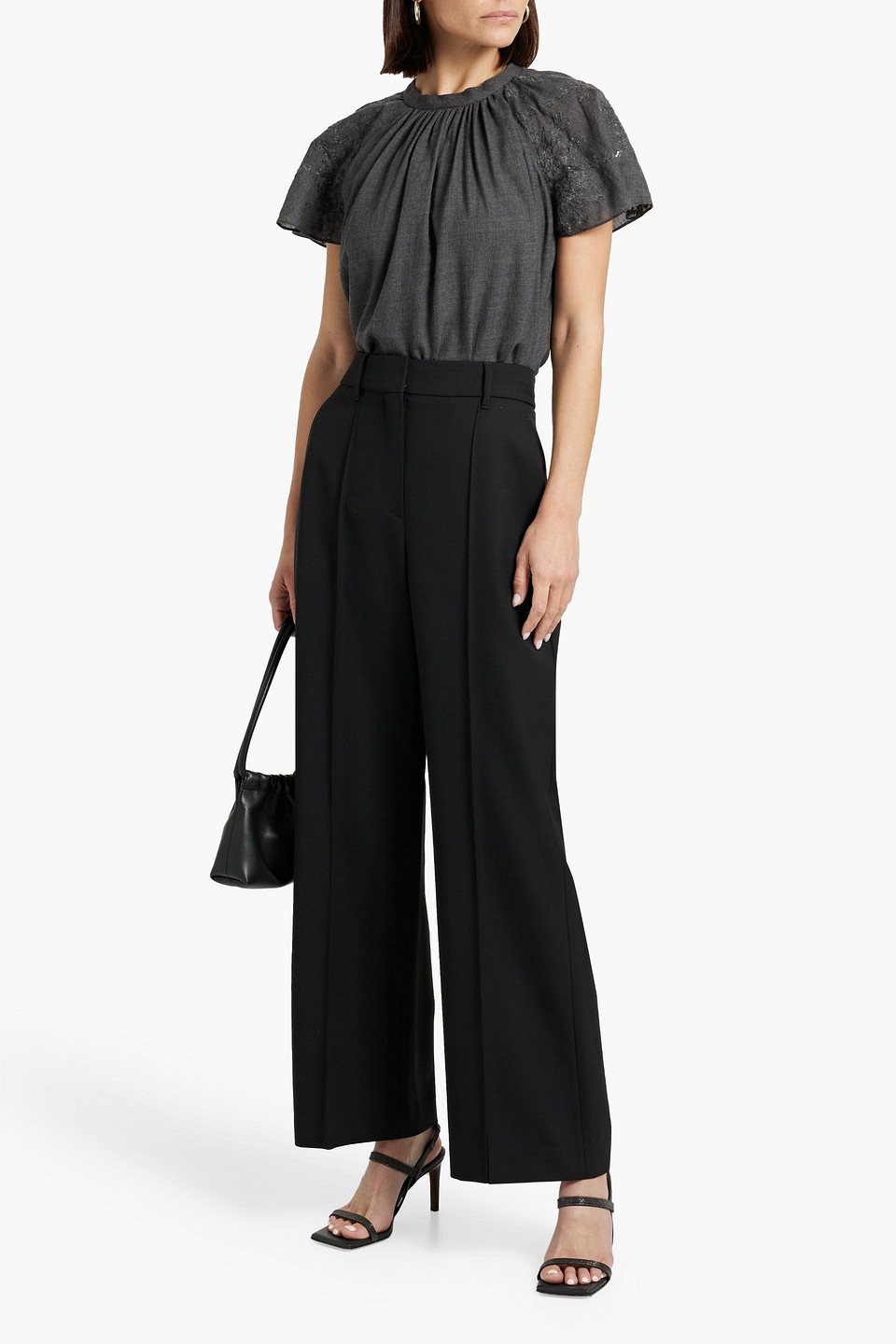 Brunello Cucinelli Sequin-embellished Broderie Anglaise-trimmed Wool Top In Dark Gray